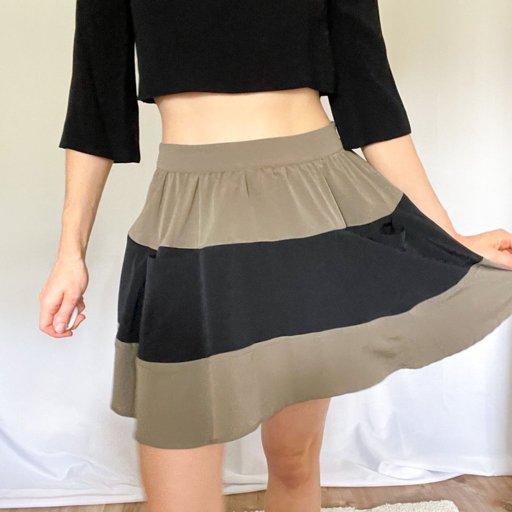 Central Park West Green & Black Colorblock A-Line Striped Pleated Mini Skirt